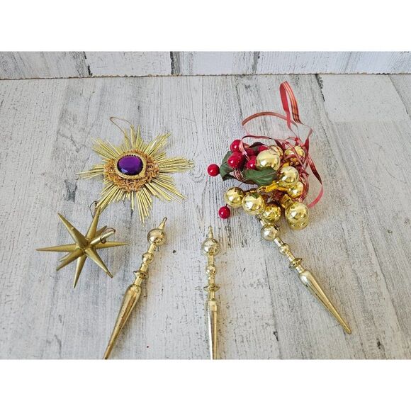 Vintage gold star ball set ornament Xmas tree long - Picture 1 of 10